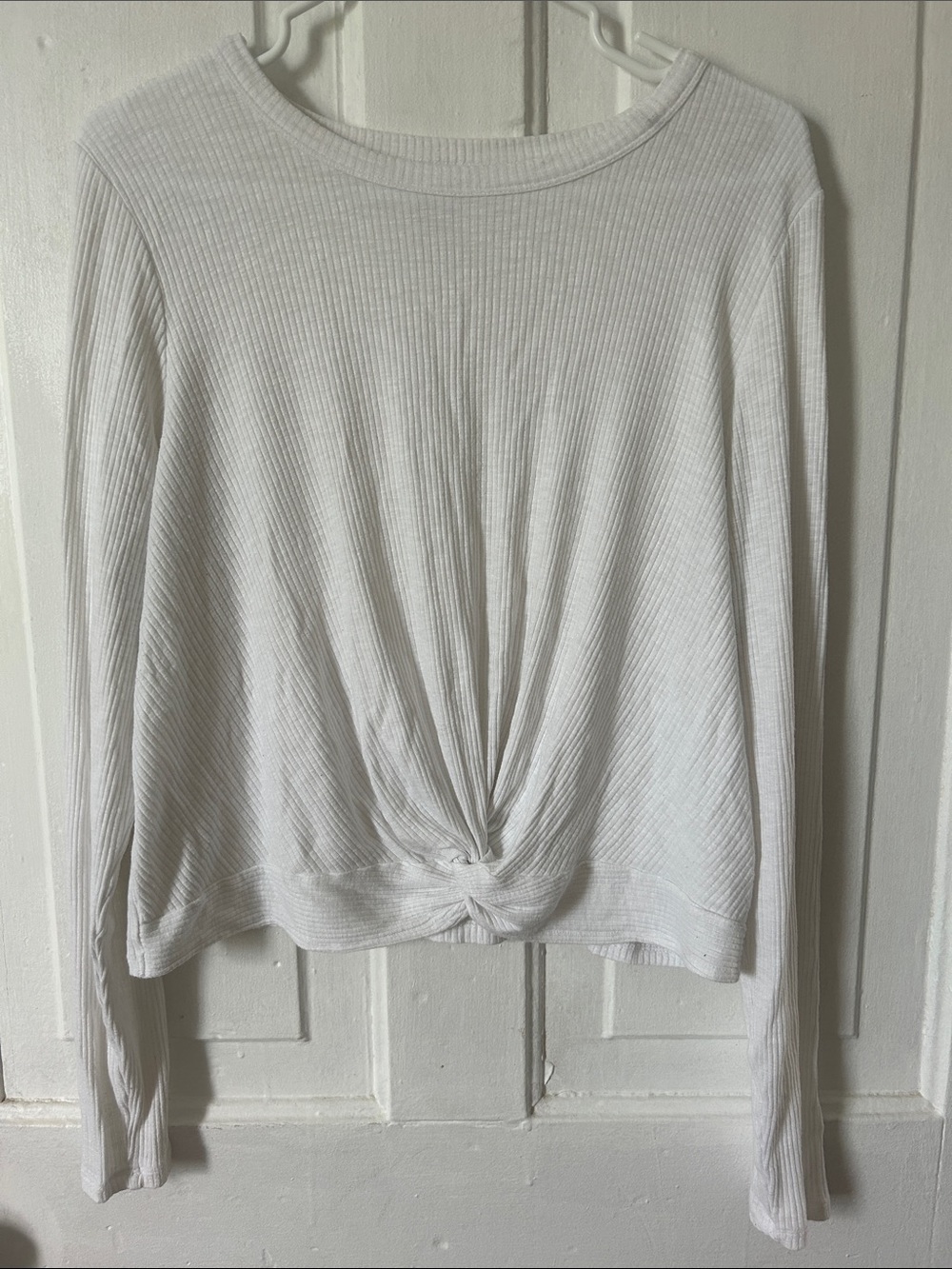 White Long-Sleeve Twist Front Ribbed Top - Women
